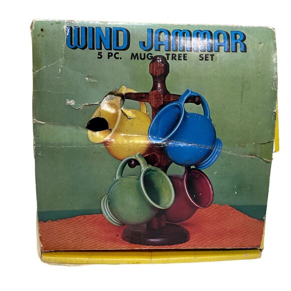 Vtg 70s Nasco Mugs Wind Jammer Set of 4 Blue Red Yellow Green w/ Box No Stand - Picture 2 of 5